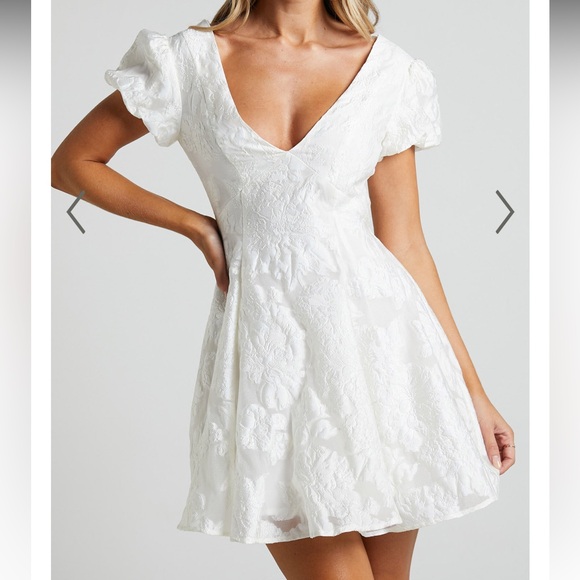 Showpo. Dresses & Skirts - BRAILEY JACQUARD MINI DRESS - PUFF SLEEVE DRESS IN WHITE